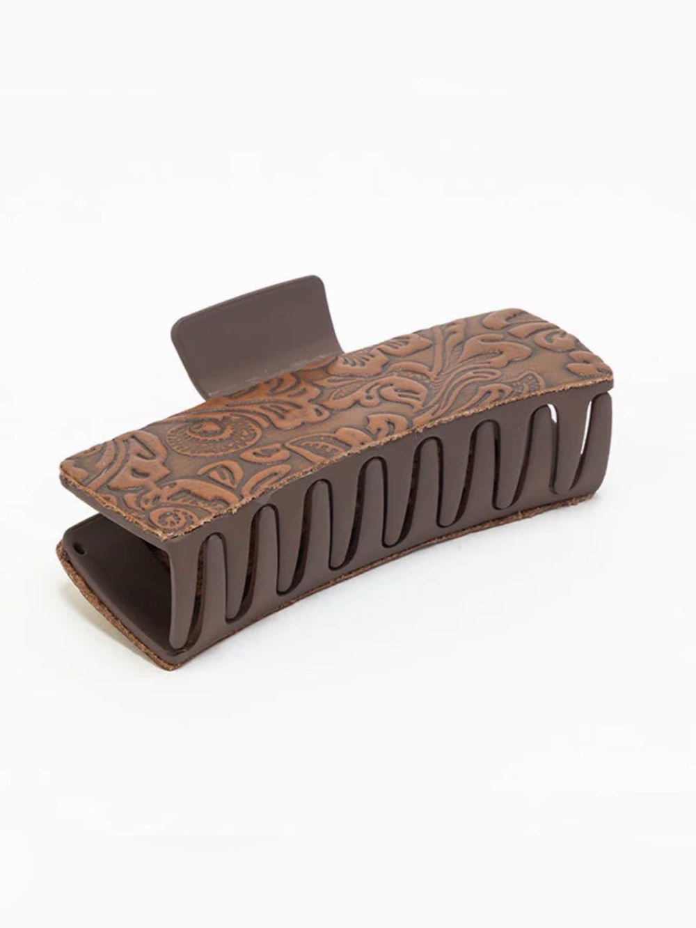 Western Leather Hair Clip Brown Floral Embossed Leather Hair Claw Clip